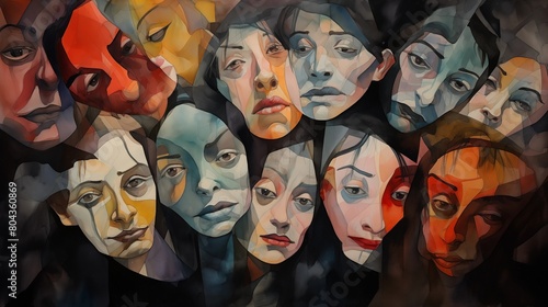 An abstract cubist painting capturing a medley of emotionally charged faces. photo