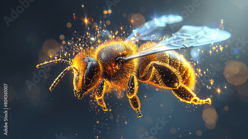 The bee is flying in mid-air, with its wings outstretched. The bee's body is covered in a golden fur