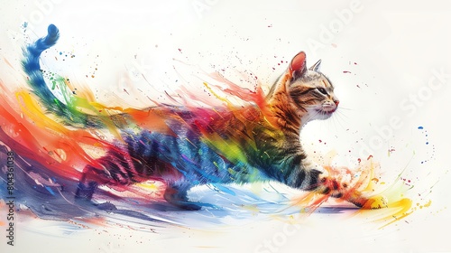 Craft a whimsical watercolor painting of a mischievous tabby cat playfully retching up a rainbow of colors on a stark  white canvas  capturing the moment in a blend of vivid hues