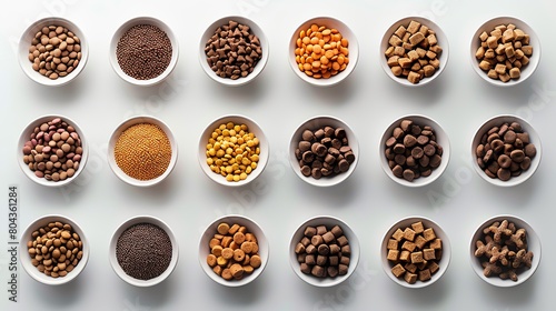 Design a clean and minimalist aerial composition featuring various types of pet food neatly arranged on a pristine white surface Utilize a combination of digital techniques to crea