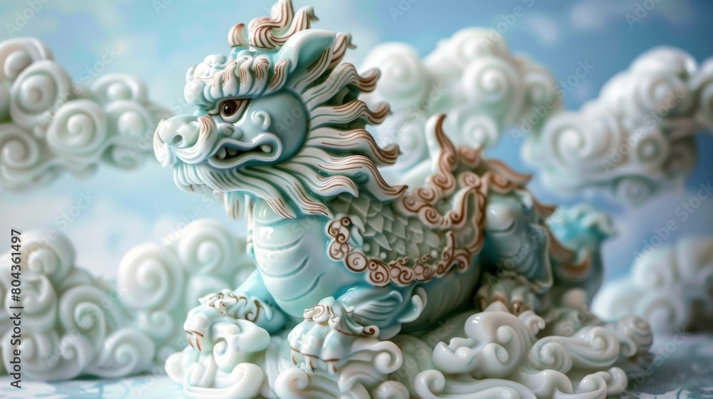 Pixiu amidst clouds, symbolizing its celestial origin, with a clear, light blue background enhancing its ethereal presence Pixiu amidst clouds, symbolizing its celestial origin, with a clear, light blue background enhancing its ethereal presence