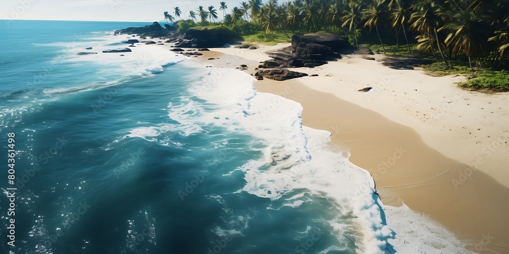 Aerial view of beautiful tropical beach and sea with coconut palm tree