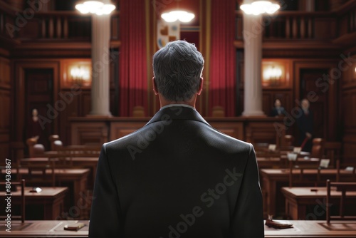 Legal Counsel Standing in Court, Back View