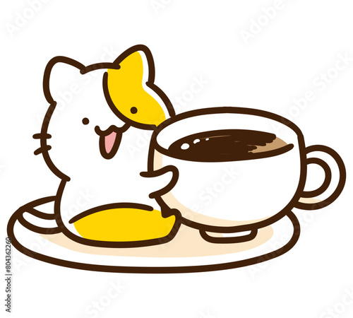 ソーサーの上でコーヒーカップを持つかわいいねこのキャラクターのデフォルメイラスト