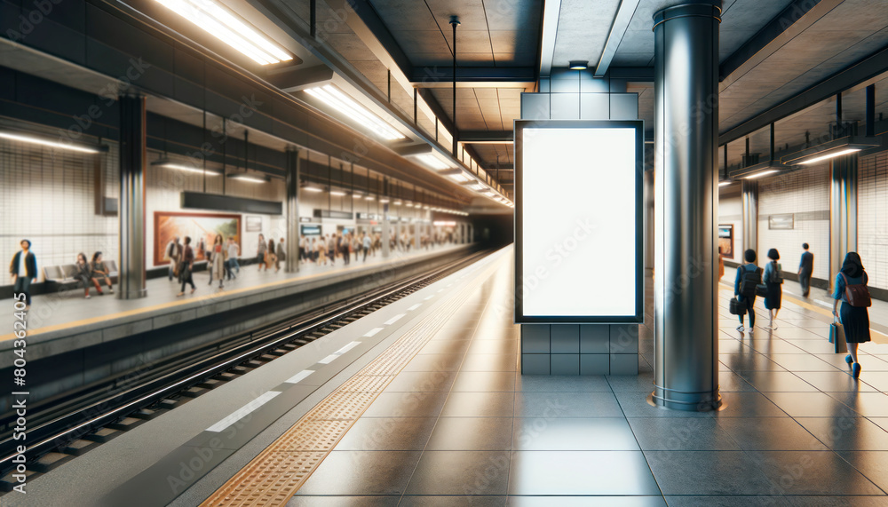 An empty advertising billboard in a subway station, featuring a modern, digital mockup for branding on a tiled background. Generative AI An empty advertising billboard in a subway station, featuring a modern, digital mockup for branding on a tiled background. Generative AI
