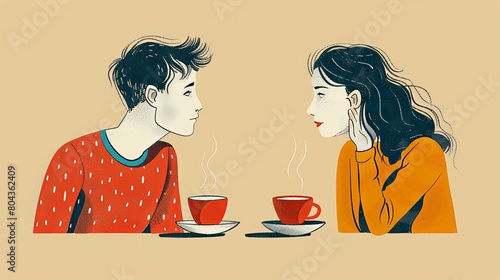 Graphic illustration design of two people mand and woman silhouette dating in restaurant sitting at table drinking. photo