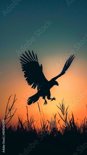 Silhouette of a griffin at sunset, simple clear sky, ideal for a book cover or fantasy artwork © kitidach