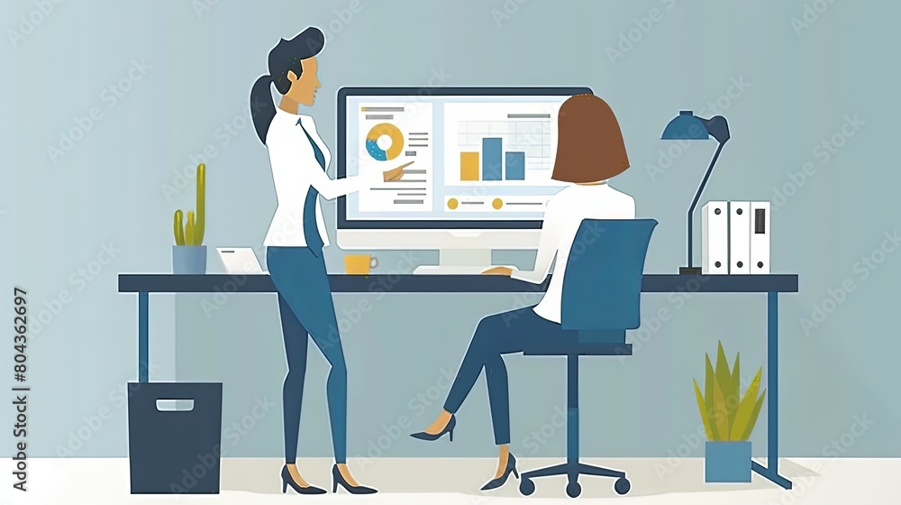 Two people at job in office man and woman working together sitting at desk looking at growth chart graph Two people at job in office man and woman working together sitting at desk looking at growth chart graph