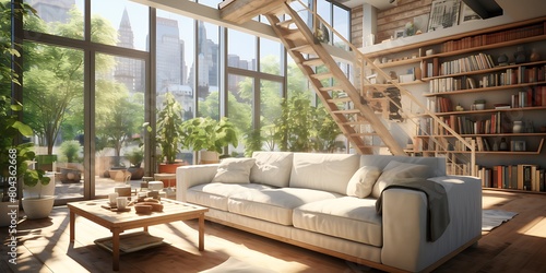 Interior of a modern living room with a large window overlooking the city © Graphicsstudio 5