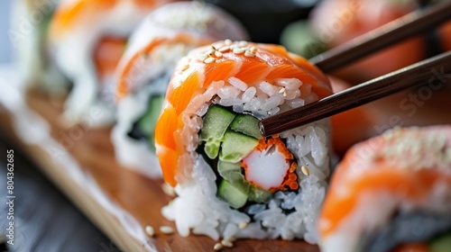 A closeup shot of a beautiful sushi roll with perfectly aligned fish and vegetables inside.