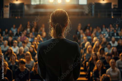 Empowering speech at a conference, a woman addressing a large audience. Showcases leadership and communication in professional settings, great for corporate and educational use photo