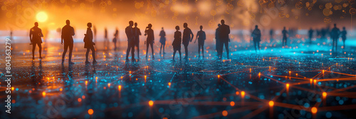 Connected world concept showing silhouettes of people and glowing networks. Ideal for themes of global communication and future technology use in business and social contexts