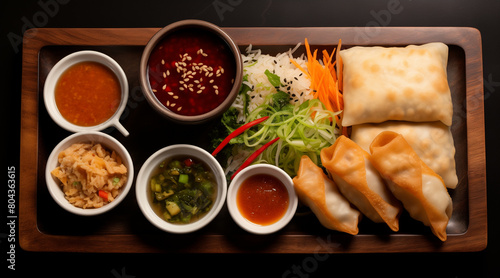 selection of asian food- spring roll, samosa, fried noodles, soup, rice and dumpling