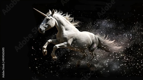 Unicorn in motion  mane flowing  surrounded by floating sparkles  set against a simple  elegant black background