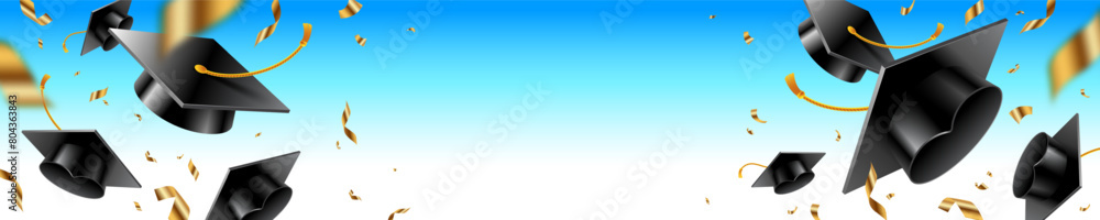 Banner with graduation caps thrown up and golden foil confetti on a blue sky background. Congrats Graduates. Horizontal vector illustration with copy space. Banner with graduation caps thrown up and golden foil confetti on a blue sky background. Congrats Graduates. Horizontal vector illustration with copy space.