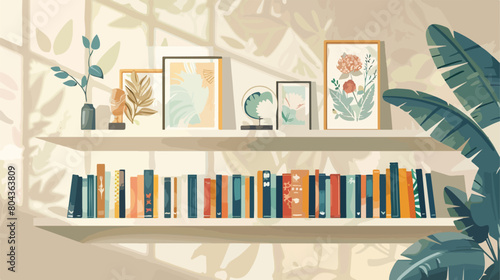 Book shelf with stylish pictures near light wall Vector