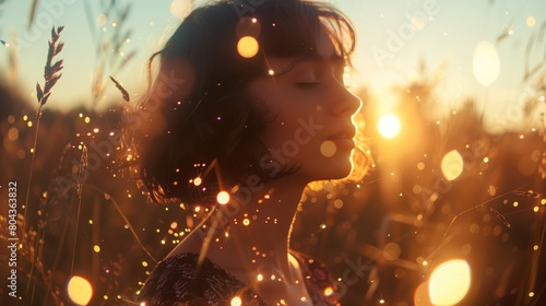 AI generated illustration of a woman in field gazes at numerous glowing bubbles