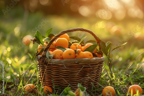 A highangle shot of a rustic basket filled with freshly picked oranges  placed on a grassy field under the afternoon sun