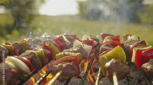 The smell of freshly grass mixes with the scent of sizzling onions and peppers as the grill master cooks up some mouthwatering kebabs.