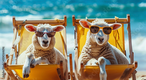 Two funny cute sheep with curly wool in sunglasses are relaxing on a chaise longue on the shore of the blue sea photo