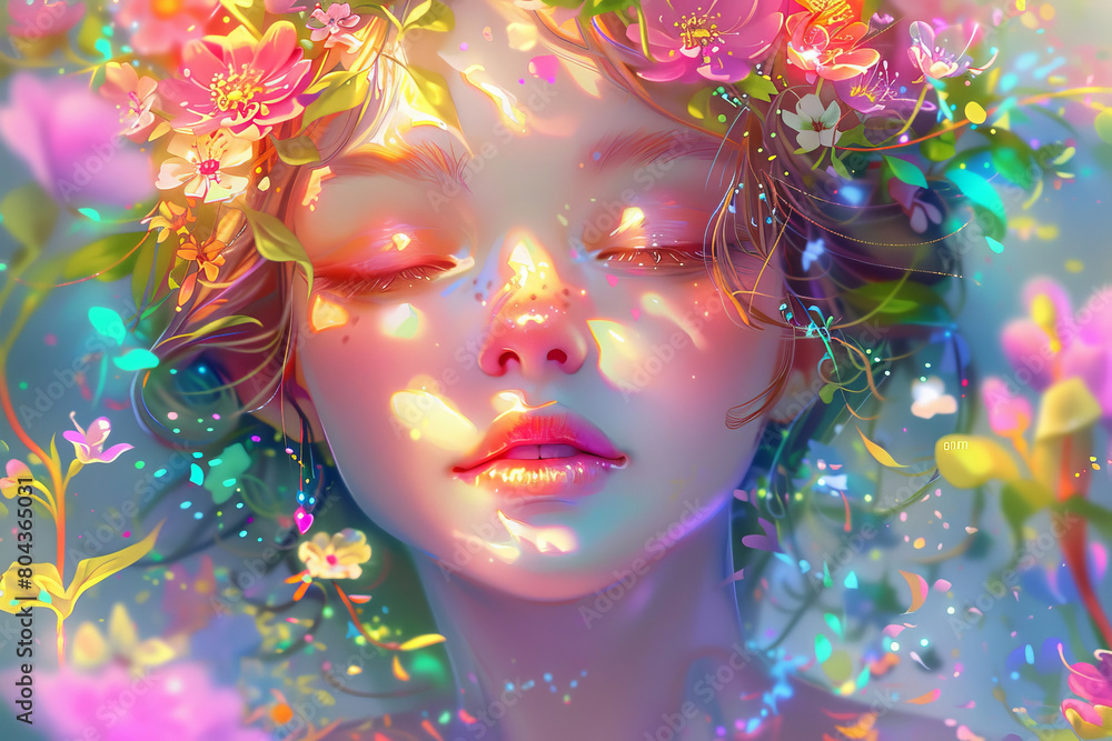 Dreamy portrait of girl surrounded by vibrant spring flowers
