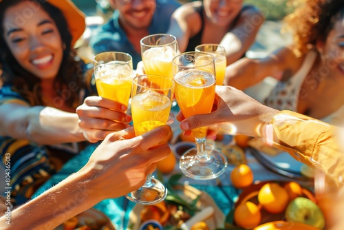 A vibrant stock photo featuring a group of diverse friends toasting with glasses of orange juice at a sunny outdoor brunch