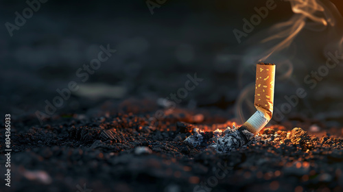 cigarette burning on the ground with dark backgrounds, photo