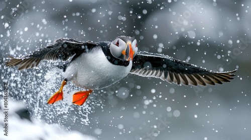 Atlantic Puffin (Fratercula arctica) taking flight with a beak full of fish. Iceland's Vigor Island has a puffin colony as well as a rookery for Arctic Terns; Vigur, Westfjords, Iceland Genrative AI photo