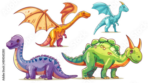 Four cute cartoon dinosaurs in different colors in isolated on transparent background