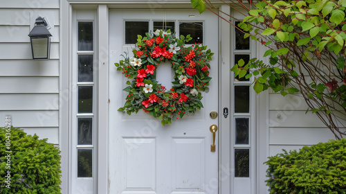 red flower wreath on white door