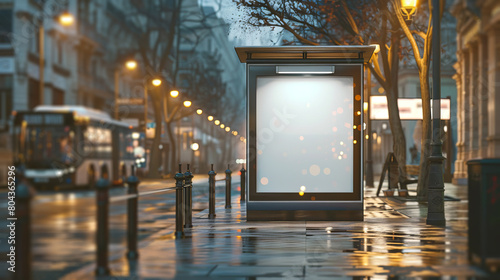 An illuminated street poster display on a city sidewalk at dusk, showcasing the concept of urban advertising. Generative AI