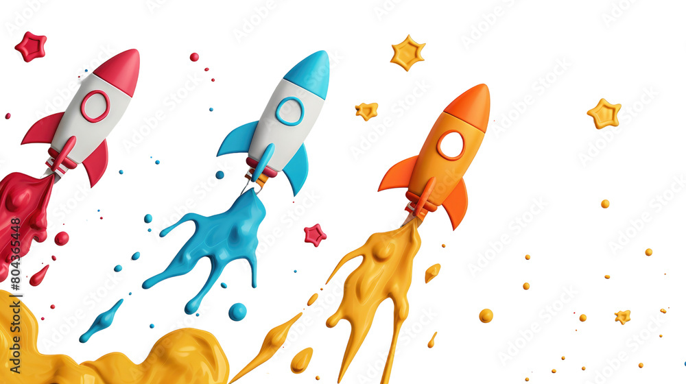 Three rockets with different colors, red, blue and yellow with stars around them in isolated on transparent background Three rockets with different colors, red, blue and yellow with stars around them in isolated on transparent background