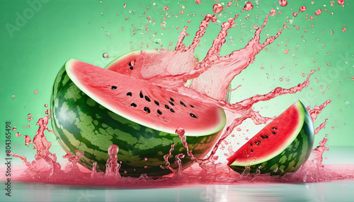 Fresh Watermelon and Melon Slices in water splash on studiio background 