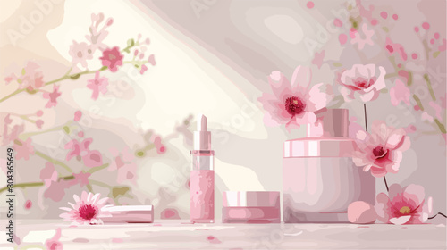 Bottle and jar of cosmetic products with beautiful 
