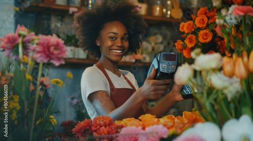 A woman is smiling and holding a credit card in front of a flower shop photo