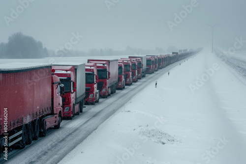 Winter convoy of red trucks driving through snowy landscape on rural road in scenic winter view