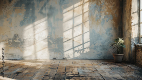 Sunlit empty room with rustic wooden floor and potted plant