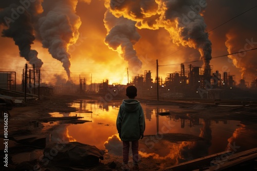 A little boy stands and watches from afar a fire in the city. Concept of man-made disasters  nuclear contamination