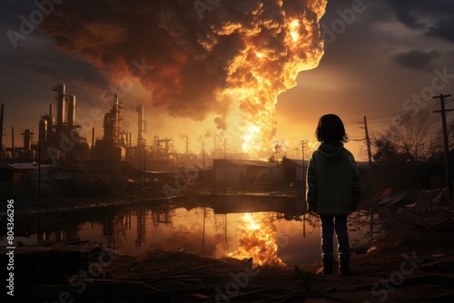 A little girl watches from afar a fire at an oil refinery. Concept of man-made disasters, global warming and climate change.