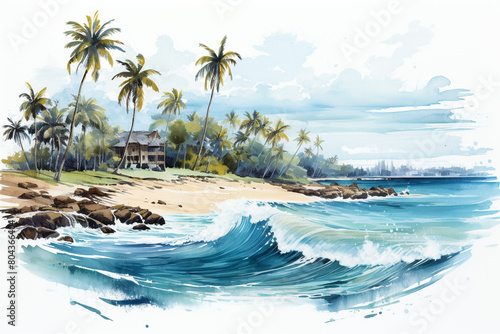 A tranquil beach scene with palm trees swaying in the breeze and turquoise waters lapping the shore, isolated on solid white background.