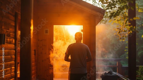 A person stepping out of the sauna taking a deep breath of cool fresh air.. © Justlight