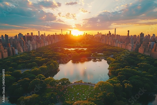 Aerial helicopter photograph over Central Park showing families picnicking and relaxing on a field  framed by Manhattan skyscrapers under the warm glow of a sunset.