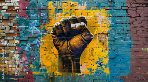 Vibrant street art of a clenched fist on a colorful brick wall