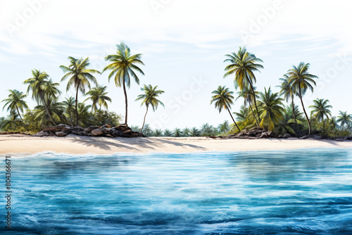 A tranquil beach scene with palm trees swaying in the breeze and turquoise waters lapping the shore, isolated on solid white background. © MISHAL