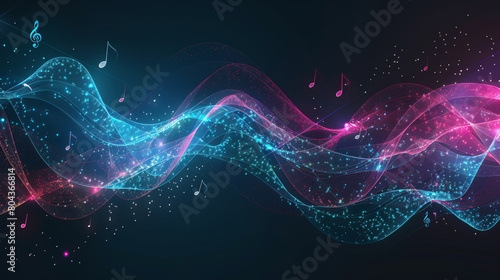 Abstract vibrant visualization of sound waves intertwining, interwoven with musical notes, with glowing, flowing colors in a digital art style, merging technology and audio harmony . photo
