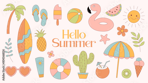 Collection of colorful summer elements. Flamingo, sunglasses, fruits, palm, surfboard, beach umbrella. Vector illustration