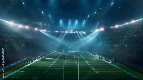 A wide shot of an american football stadium with lights shining down on the field	 photo