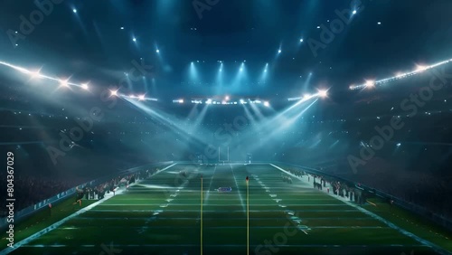 A wide shot of an american football stadium with lights shining down on the field	