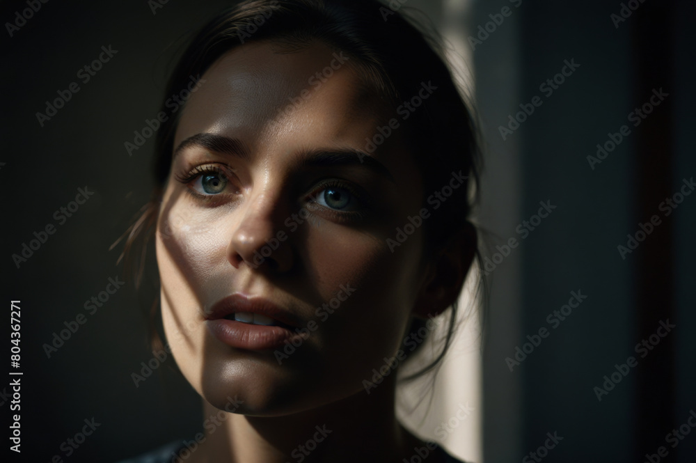 Mysterious portrait of a woman with obscured face, illuminated by dim light against a dark background. Mysterious portrait of a woman with obscured face, illuminated by dim light against a dark background.