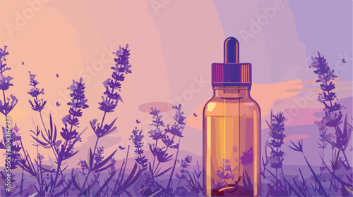 Bottle of essential oil and lavender flowers on color